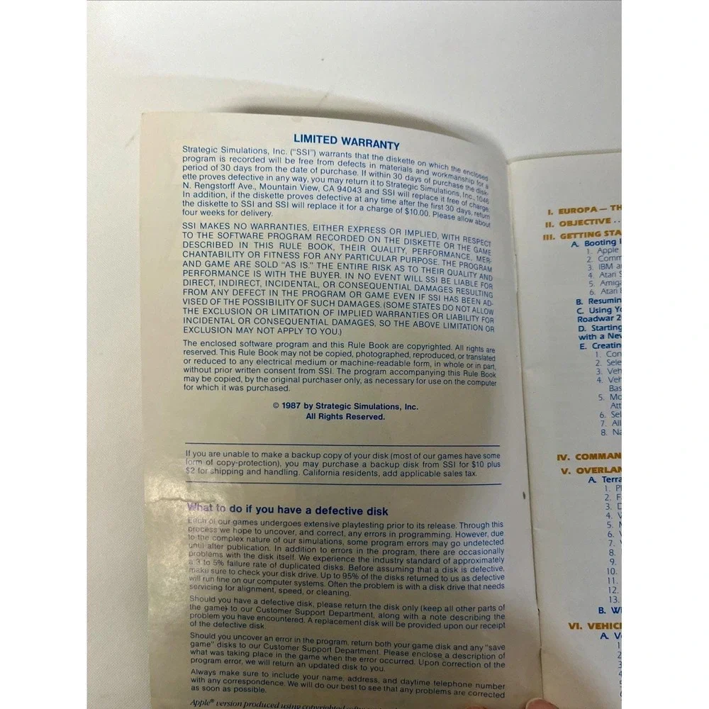 Vintage 1987 Roadwar Europa SSI Manual Only No Box No Game